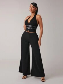 SHEIN SXY 2 件套黑色休闲通勤挂脖上衣和裤子套装 - 黑色 - 查看 4