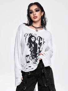 ROMWE Grunge Punk Vintage Distressed Human Silhouette Print Sweater