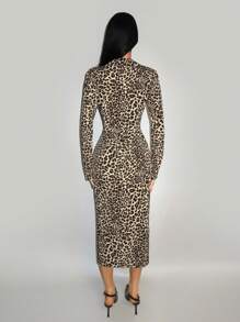 SHEIN ICON 1pc Holiday Outfits Women Y2k Office Siren Outfit Sexy Leopard Print Button Front Fitted Long Sleeve Dress, For Daily Wear - Multicolor - View 8