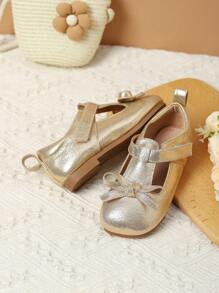 Girl Autumn/Winter Flat Bow Soft Sole Loafers - Gold - View 5