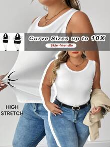 SHEIN CURVE+ Curve Plus Basic Figure-Flattering Sleeveless Round Neck White Tank Top Camisole For Autumn, For Summer