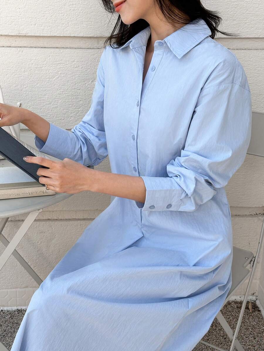 DAZY 女式长款半开襟衬衫领连衣裙，秋装 - 藍色 - 查看 1