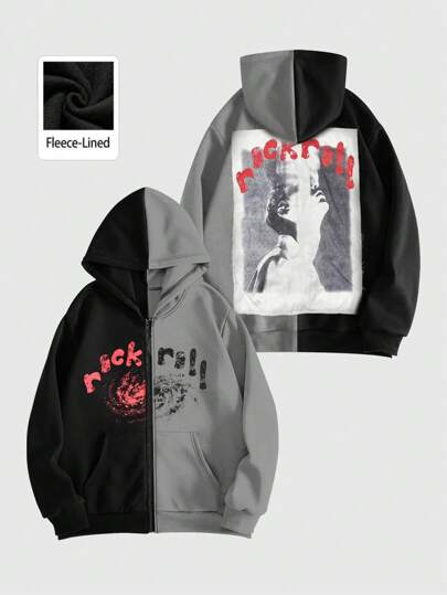 Street Life Sudadera con capucha con cremallera informal para hombre con estampado de letras y cifras, para otoño/invierno