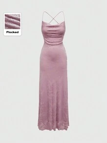 ROMWE Fairycore Vintage Style Flocked Mesh Form-Fitting Deep Draped Neck Backless Mermaid Dress For Women, For New Year