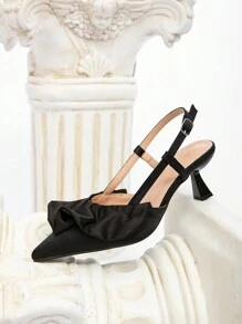 CUCCOO CHICEST Women's Black Elegant Ruffled Satin Pointed Toe Low Heel Hollow-Out Pumps Valentines