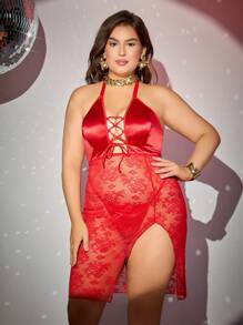 Set lencero 2 piezas, Sujetador sin aros con encaje contrastante + Tanga, Talla grande para San Valentín - Rojo - Ver 4