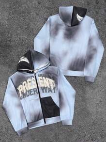 Manfinity EMRG Chaqueta con capucha con bloqueo de color e impresión de letras con bolsillo para hombre, chaqueta de manga larga con cierre de cremallera para usar en la calle