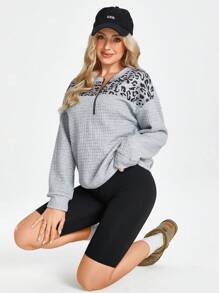 Wildy Women Casual Leopard Print Hoodie With Front Zipper, Round Neck Long Sleeve, Street Style, For Winter Pullover Fall Outfit