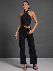 Hauture Halter Tie Back Black Top With Gold Buttons For Fall
