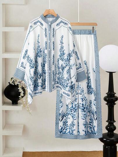 2 件套大码前扣长袖印花上衣和裤子休闲装