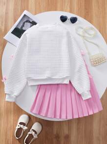 SHEIN 2 件套 少女粉色蝴蝶结装饰白色夹克和粉色百褶裙 - 彩色 - 查看 2