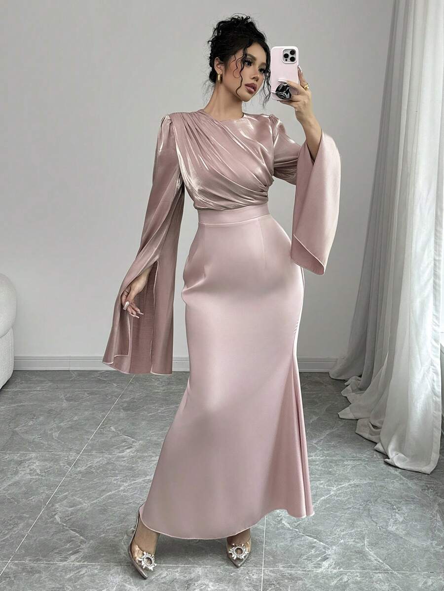 Rafferiza 女士优雅收腰鱼尾下摆鸡尾酒会连衣裙,喇叭袖,闪亮面料,秋冬长款女装 - 粉色 - 查看 1