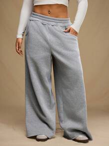 Forever 21 Calça de moletom plus size, cor sólida, com elástico na cintura, bolso, simples, larga, casual, para uso diário - Cinza - Ver 2