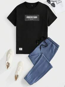 Manfinity VCAY 男士字母印花休闲圆领短袖上衣和长裤套装 - 藍色 - 查看 1