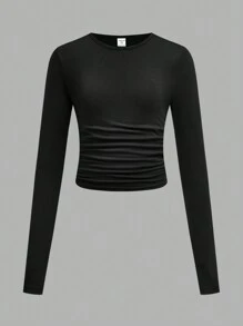 3pcs/Set Tween Girls Fitted Casual Solid Color & Striped Round Neck Ruched Waist Long Sleeve T-Shirt, Black & White Striped Knit Tops - Black and White - View 5