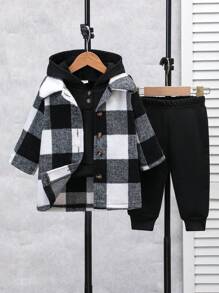 SHEIN Infant Girl Classic Plaid Jacket And Hoodie Sweat Pants, Comfortable For Autumn/Winter
