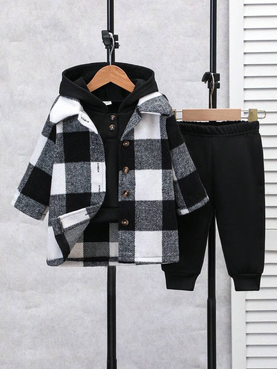 SHEIN Infant Girl Classic Plaid Jacket And Hoodie Sweat Pants, Comfortable For Autumn/Winter