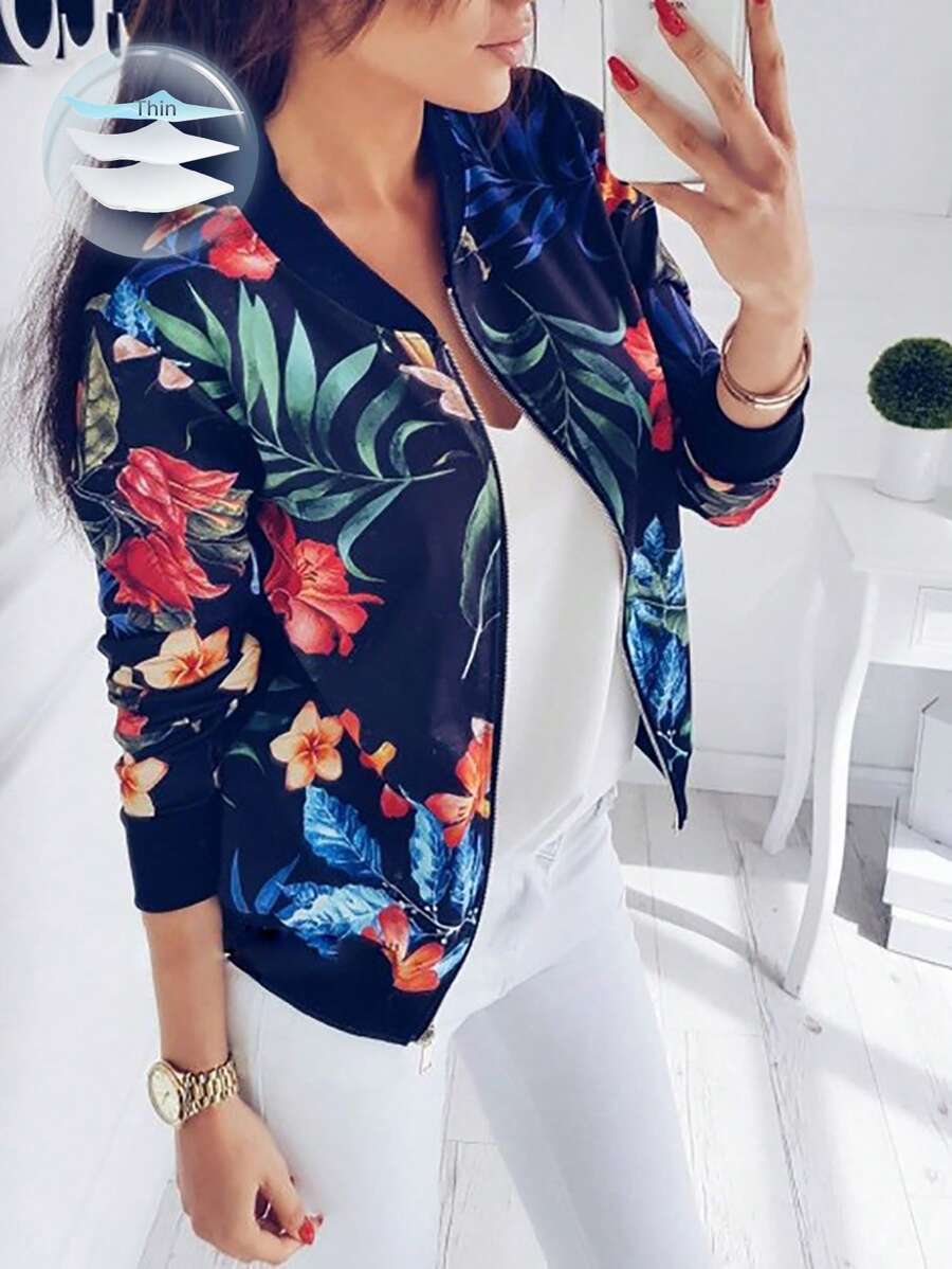 EMERY ROSE Women's Spring And Autumn Tropical Plant Printed Zipper Front Casual Baseball Jacket Fall Winter Cloth For Women - Multicolor - View 1