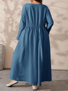 EMERY ROSE Plus Size Women's Spring And Autumn Solid Color Crew Neck Long Sleeve Button Design Loose Casual Dress - Blue - View 2