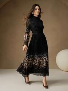 Anewsta Holiday Gradient Pleated Print Women Dress - Black - View 7