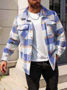 Manfinity Homme Plus Size Men's Colorful Plaid Casual Jacket, Autumn/Winter - Multicolor - View 5