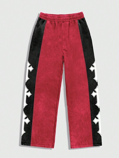 Street Life Men's Washed Color Block Patchwork Front Tie Waist Casual Sweatpants