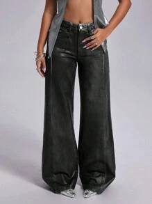 SHEIN ICON Blue & Black Paint High Waist Women's Straight Leg Jeans - Dark Wash - View 4