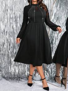 SHEIN Clasi Elegant Rhinestone Embellished High Neck Puff Sleeve A-Line Party Dress Maxi Women Outfit