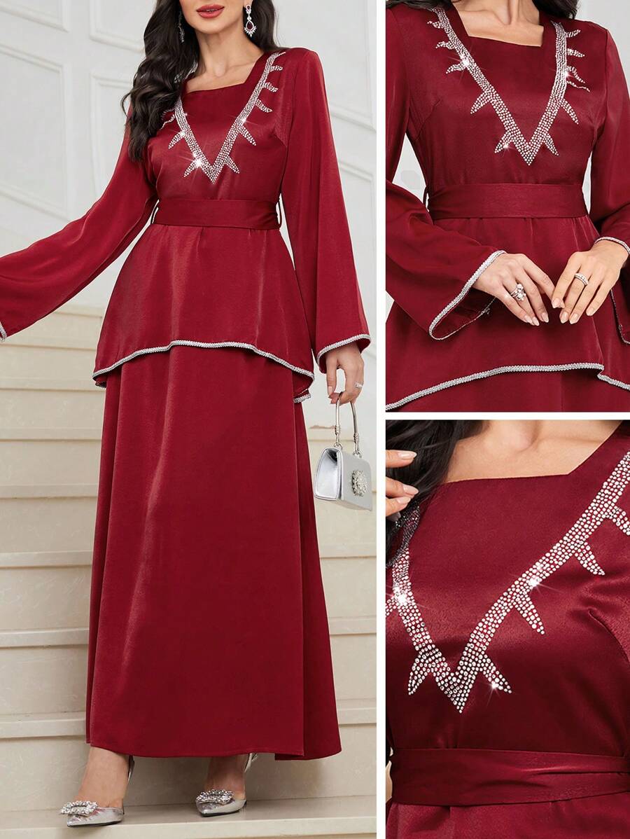 Modelyn Fashion Rhinestone Party Dress For Women Burgundy Maxi Women Outfit Long Evening Dresses - Burgundy - View 1