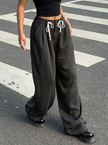 SHEIN EZwear Women's Casual Loose Woven Striped Wide Leg Pants, Black - Black - View 6