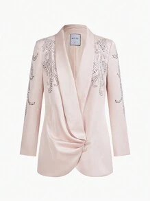 MOTF PREMIUM SHAWL COLLAR RHINESTONE DETAIL RUCHED BLAZER - Pink - View 5