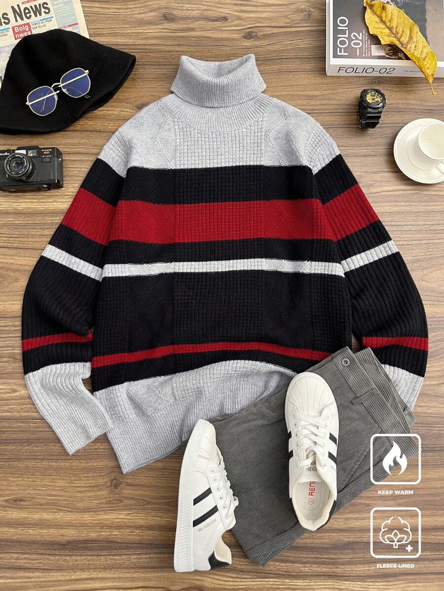 Manfinity EZcore Men's Casual Striped Turtleneck Graphic Color Block Pullover Long Sleeve Knitted Sweater, Autumn/Winter, For Going Out, Husband