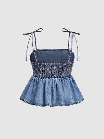 SHEIN MOD Áo ba lỗ denim xanh cỡ lớn thường ngày và bèo nhún ngọt ngào mùa hè