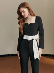 MOTF PREMIUM KNOT HEM NOTCHED NECKLINE BLOUSE - Black and White - View 4