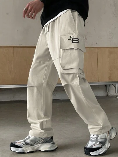 Manfinity Homme Men's Pentagram Print Cargo Pocket Wide Leg Loose Pants, Long Vacation Straight Leg Drawstring Pants, For Husband, Boyfriend Gifts