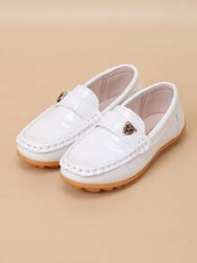 Mocasines planos cómodos con suela suave y hebilla en forma de cabeza de leopardo, estilo casual para niños - Blanco - Ver 6
