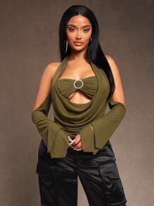 SHEIN SXY 新年优雅性感夜店必备情人节休闲街头Y3K ICON军绿色网布假两件长袖吊带上衣 - 軍綠色 - 查看 6