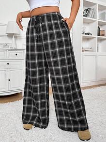 SHEIN Frenchy 大码女式腰带格子口袋宽腿宽松休闲裤 - 黑與白 - 查看 2