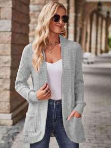 EMERY ROSE Women's Casual Ribbed Brushed Open Front Side Pocket Shorts Jacket, Lightweight - Light Grey - View 5