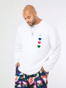 Manfinity VCAY Plus Size Men's Loose Fit Heart Knit Round Neck Long Sleeve T-Shirt - White - View 2