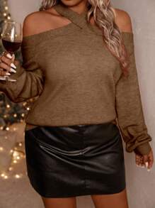 SHEIN Clasi Suéter de punto casual de manga larga con hombros abiertos para mujer de talla grande, suéter de punto de otoño/invierno