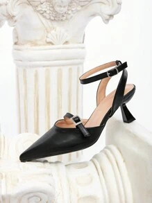 CUCCOO CHICEST Women's Black Pointed-Toe Low-Heel Rhinestone Square Buckle Skinny Strap Elegant High Heels Valentines - Black - View 2