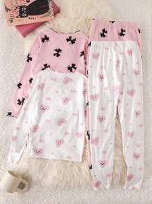 SHEIN Tween Girl 4 件甜美简约蝴蝶结、心形图案荷叶边下摆圆领长袖上衣和裤子柔软舒适休闲睡衣套装 - 彩色 - 查看 2