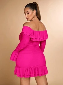 SHEIN BAE Plus Size Women's Romantic Sweet Party Date Bodycon Ruffled Ruffle Mini Ruched Dress - Hot Pink - View 3