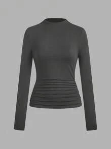 SHEIN Clasi Camiseta de manga larga de unicolor informal y versátil para mujer, ideal para otoño/invierno