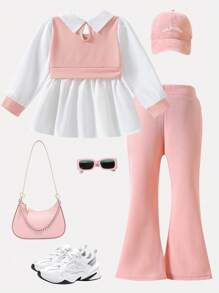 2pcs Young Girls Set: Faux Pearl Decor Long Sleeve Shirt And Flared Flare Pants, Spring/Autumn