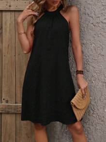 EMERY ROSE Sleeveless Solid Color Casual Halter Dress, Fashionable For Everyday Wear - Black - View 7