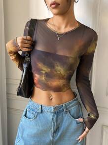 SHEIN EZwear Women Round Neck Long Sleeve Printed Sheer Casual Top, For Daily Wear