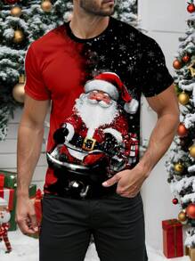 Manfinity Homme 时尚休闲圣诞圣诞老人水彩风格图案印花修身圆领 T 恤男款 - 紅色 - 查看 6