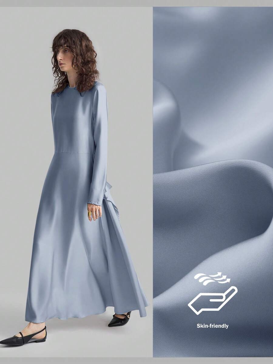 Ontre 女式 2025 新款天蓝色简约设计长袖收腰缎面连衣裙，优雅派对礼服 - 藍色 - 查看 1
